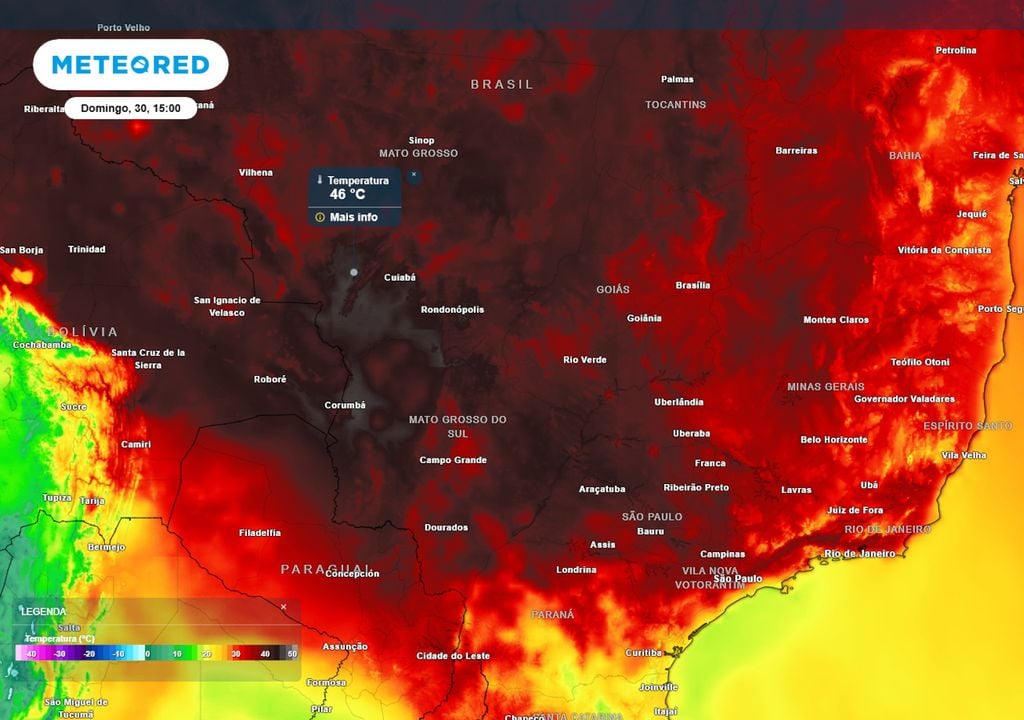 Previsão de temperaturas máximas no domingo. Previsão de temperaturas máximas no domingo mostra que muitos estados registrarão temperaturas que podem ultrapassar os 45°C - um calor extremo e muito acima do normal.