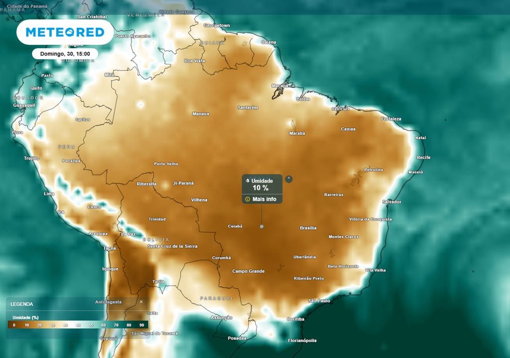 Previsão de umidades relativas mínimas no domingo. Previsão de umidades relativas mínimas no domingo mostra valores de até 10% em grande parte do país. Não se descarta a possibilidade de umidades ainda menores em alguns municípios.