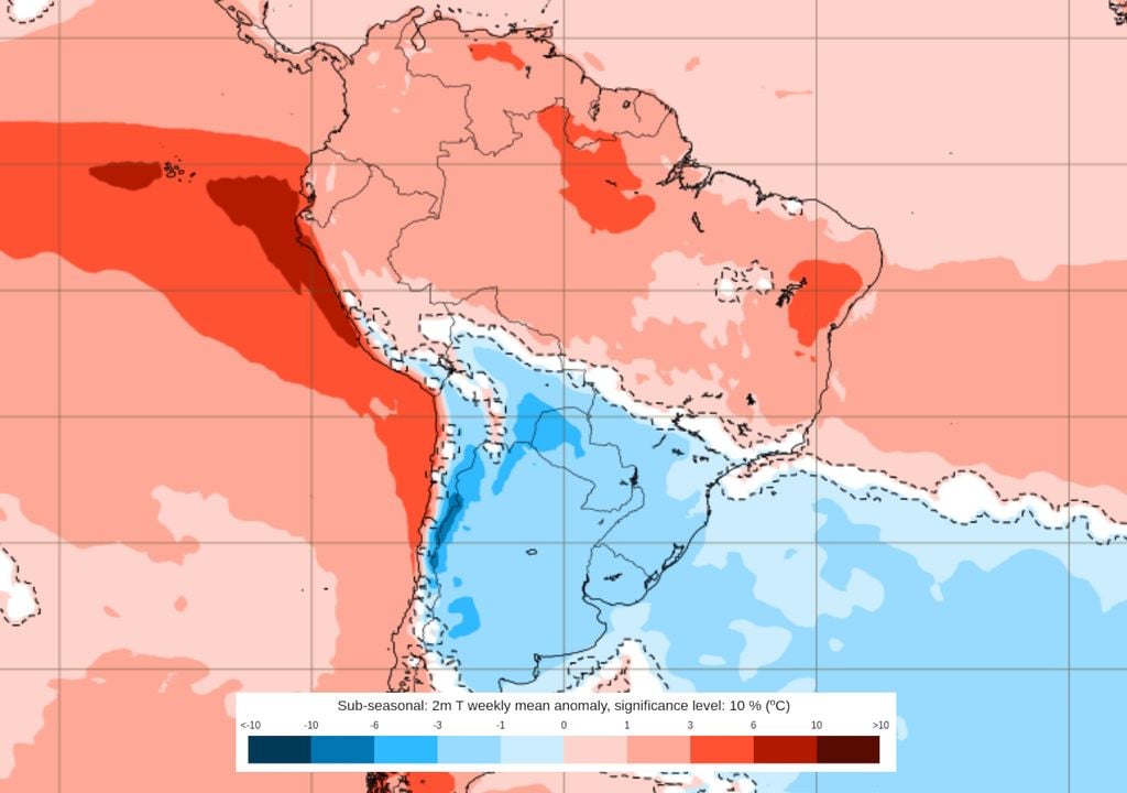Previsão de anomalias de temperatura entre os dias 26/10 e 2/11. Previsão de anomalias de temperatura entre os dias 26/10 e 2/11 mostra que uma massa de ar frio vai manter as temperaturas abaixo da média sobre o Sul e parte do Sudeste e Centro-Oeste.