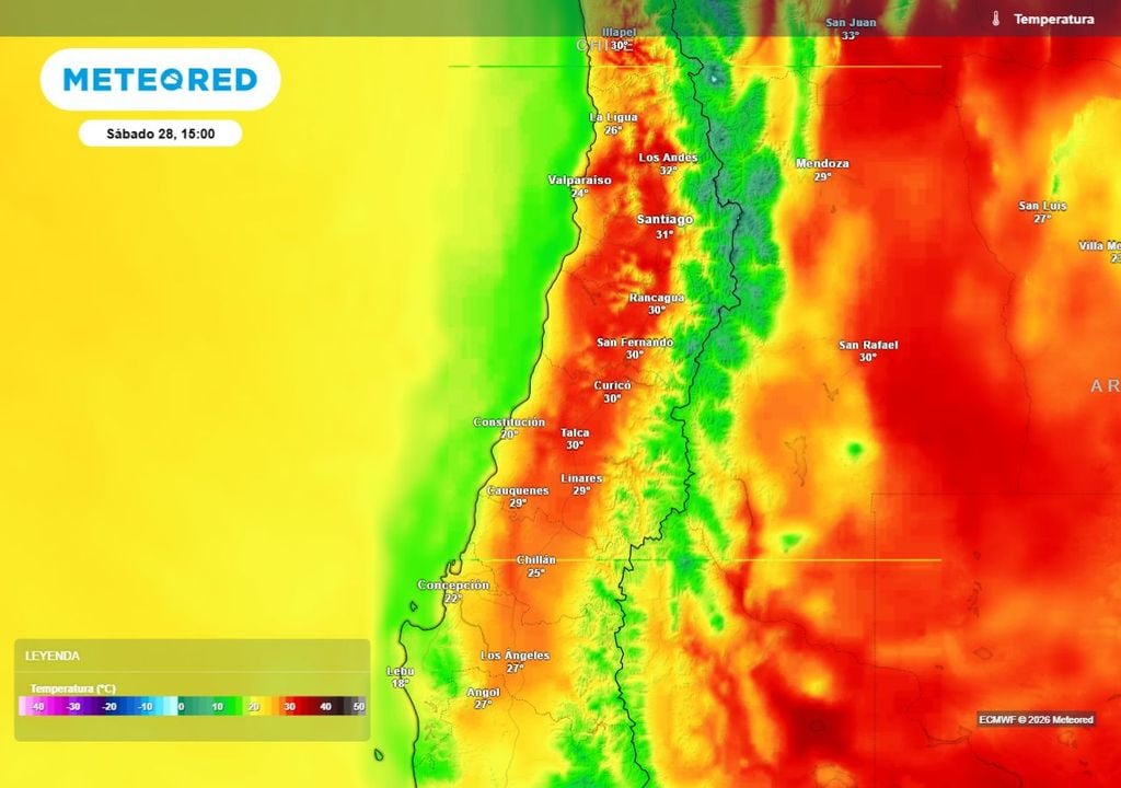 La tarde del sábado será una de las más cálidas del periodo, con temperaturas que superarán los 30°C en gran parte del interior de la zona central.