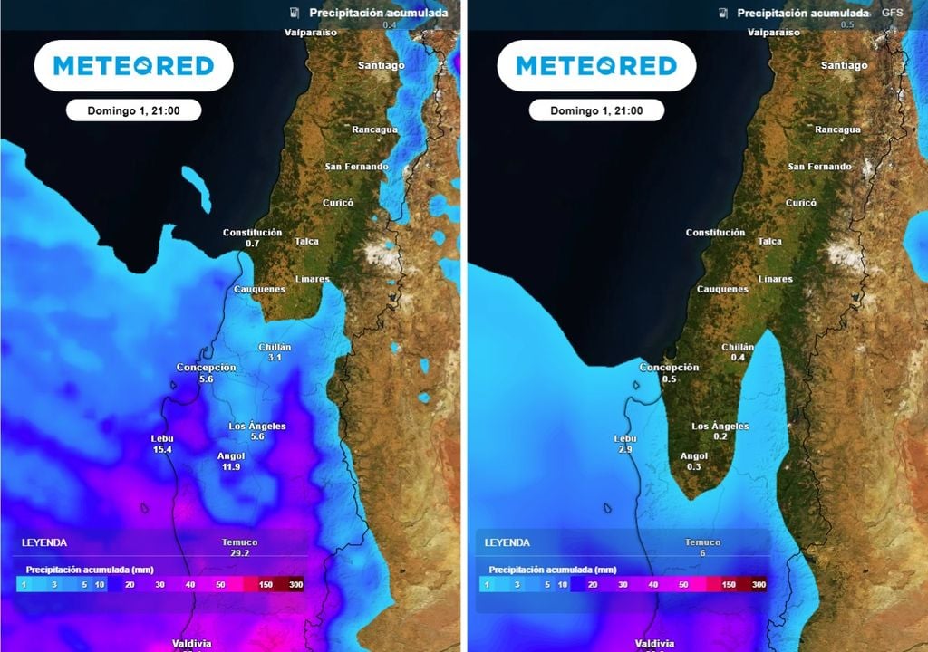 ECMWF proyecta lluvias más extendidas que el GFS, que concentra los acumulados en el Biobío. La variación se explica por diferencias en la simulación del avance del frente frío.