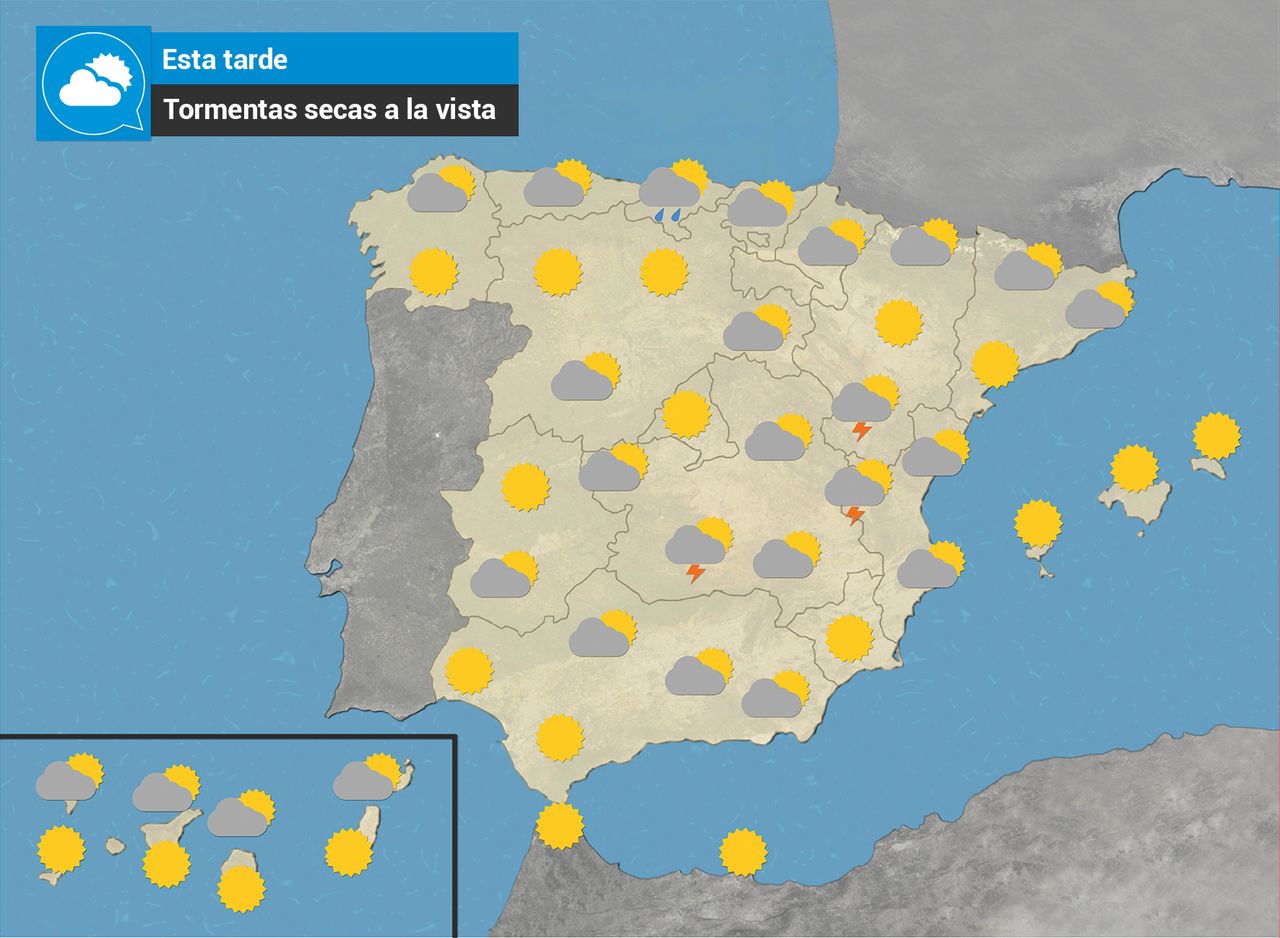 Tarde de tormentas secas, más probables en el este de Castilla la Mancha, interior de la provincia de Valencia y Sistema Ibérico.