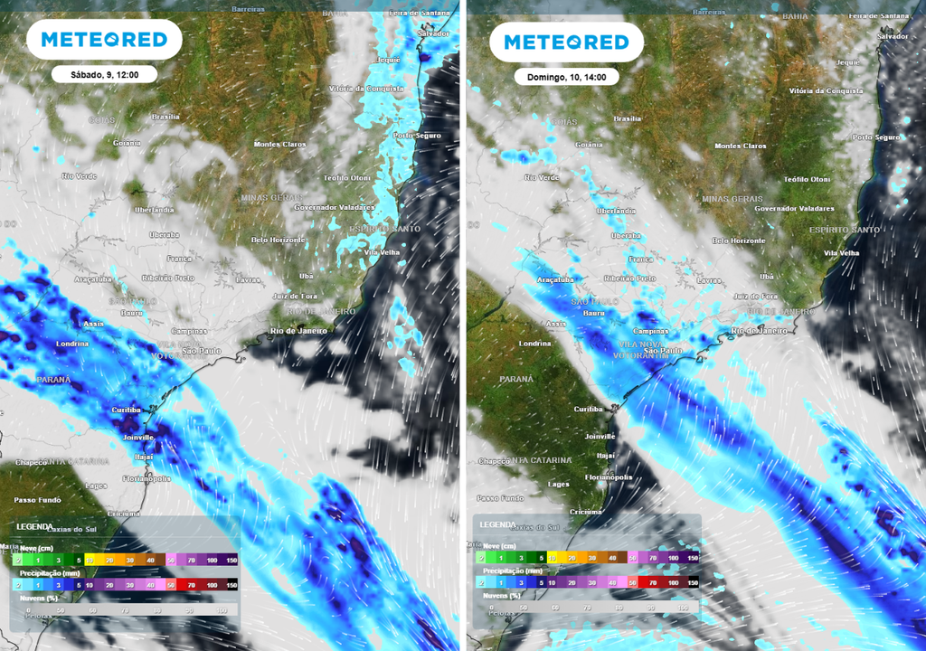 Previsão de precipitação (em mm) e nebulosidade para sábado (9) às 12h à esquerda e domingo (10) às 14h à direita, segundo o modelo europeu ECMWF.