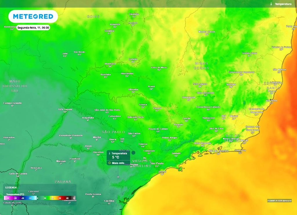 Previsão da temperatura mínima do ar (em °C) para a segunda-feira (11) de manhã (6h), segundo o modelo europeu ECMWF.
