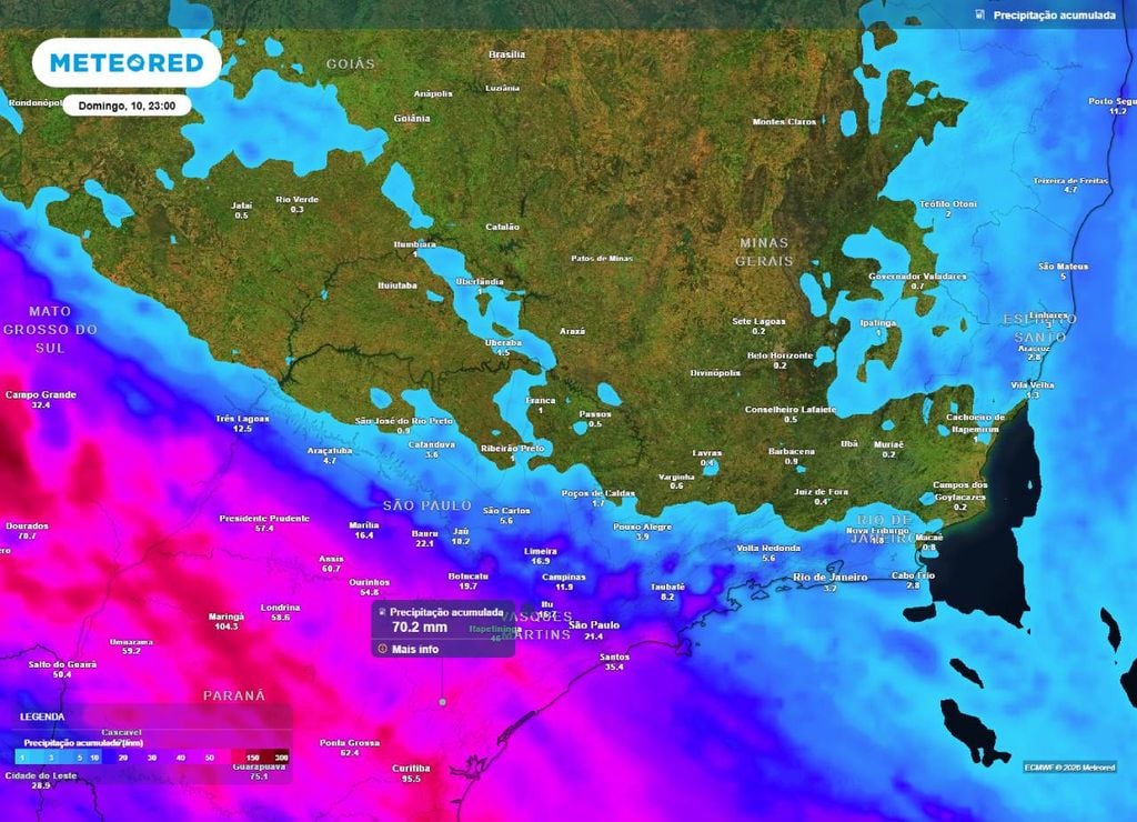 Previsão do acumulado de precipitação (em mm) entre hoje (8) e a noite (23h) do domingo (10), segundo o modelo europeu ECMWF.