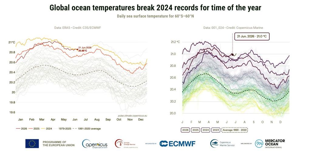 Récords de temperatura de las aguas superficiales de los mares a nivel global durante estas fechas de junio de 2026. Fuente: Copernicus