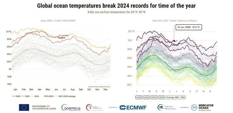 Las temperaturas diarias de la superficie del mar a nivel mundial baten r&eacute;cords para la &eacute;poca del a&ntilde;o, seg&uacute;n Copernicus