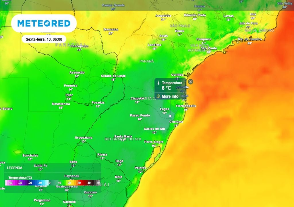 Previsão de temperaturas mínimas nesta sexta-feira de madrugada mostra que as temperaturas atingem valores muito baixos em toda a região Sul, com destaque para a região serrana.