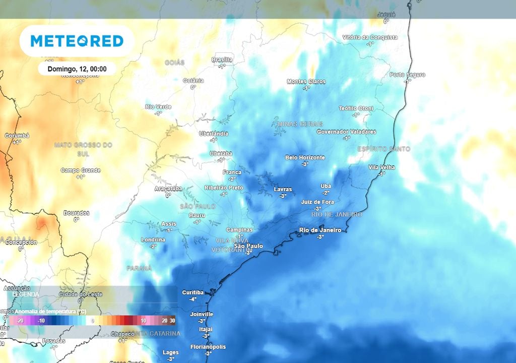 Previsão de anomalias de temperatura em 850 hPa no domingo de madrugada mostra que a massa de ar frio avançará de maneira expressiva pela região Sudeste ao longo deste final de semana.