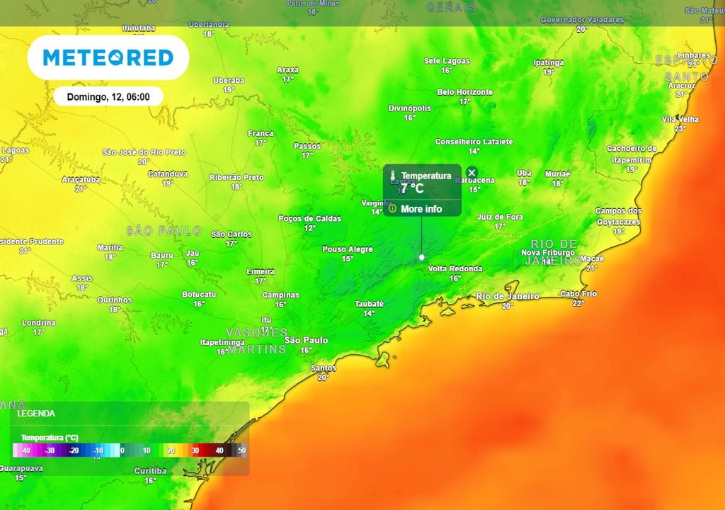 Previsão de temperaturas mínimas no domingo de madrugada mostra que a maior parte da região Sudeste registrará temperaturas abaixo dos 20°C, com frio intenso na Serra da Mantiqueira.