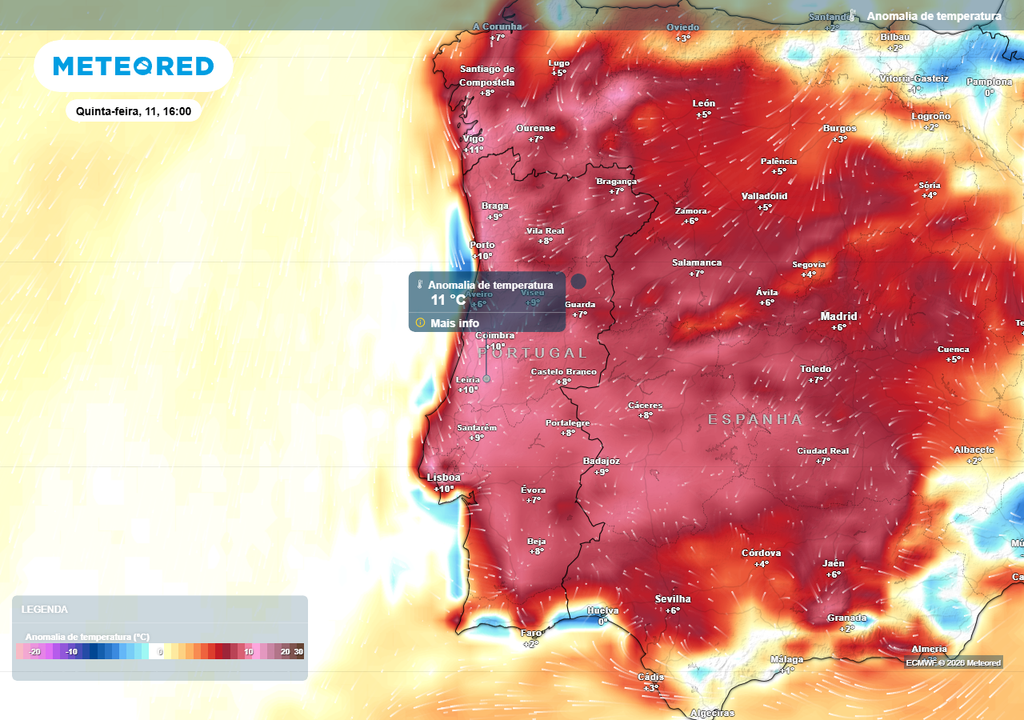 O calor intenso confirma-se para quinta-feira, 11 de junho. Preveem-se temperaturas entre 6 e 11 ºC acima da média em quase toda a geografia de Portugal continental, exceto no Algarve e em algumas zonas do litoral alentejano onde as anomalias de calor serão mais suaves ou inexistentes.