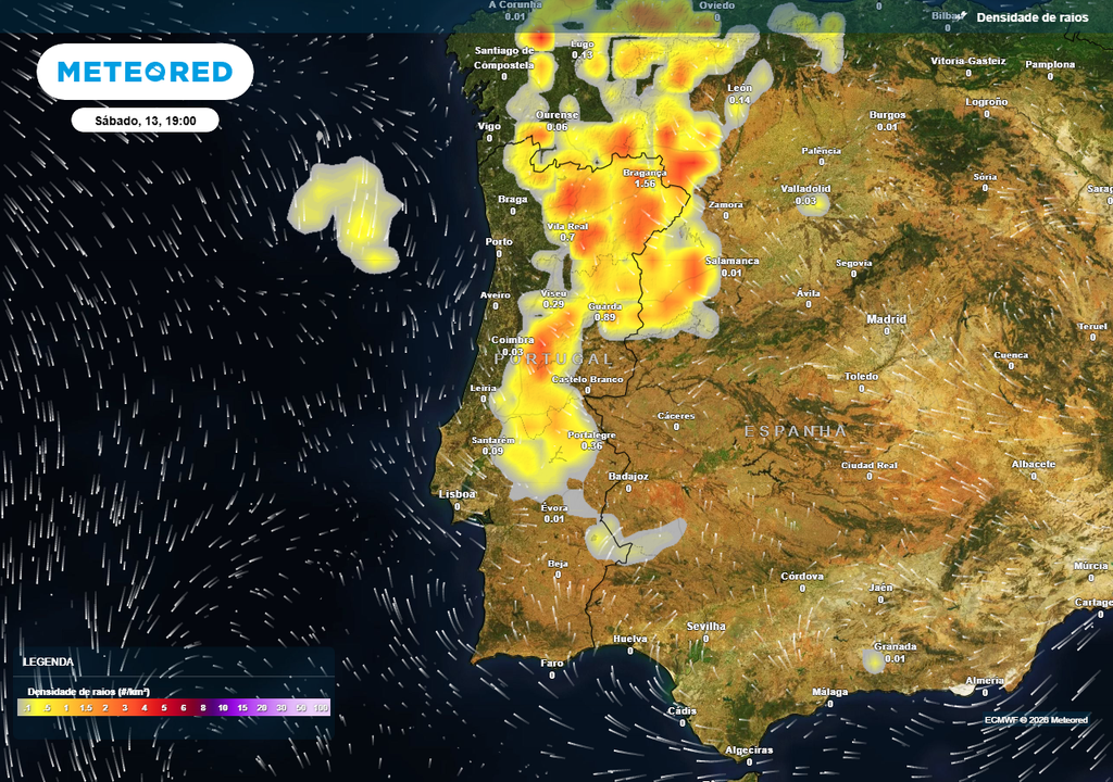 Risco de trovoada previsto para uma porção significativa da geografia continental no final da tarde de sábado, 13 de junho.