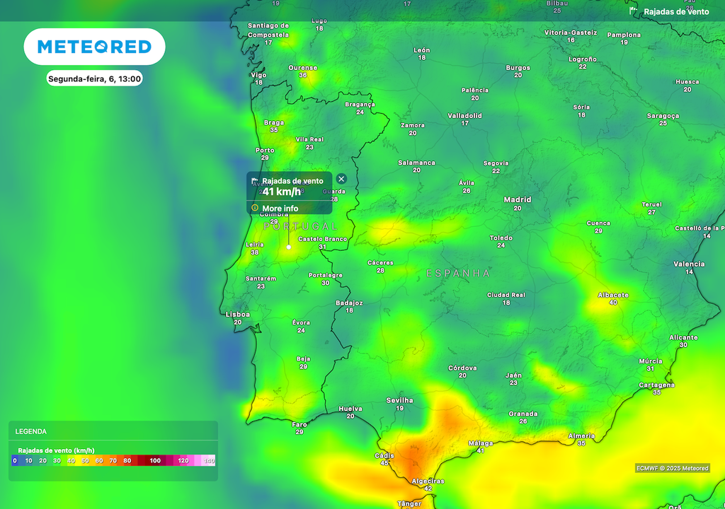 Rajadas de vento entre 40 e 50 km/h nas áreas montanhosas em Portugal Continental. Rajadas de vento entre 40 e 50 km/h nas áreas montanhosas em Portugal Continental.
