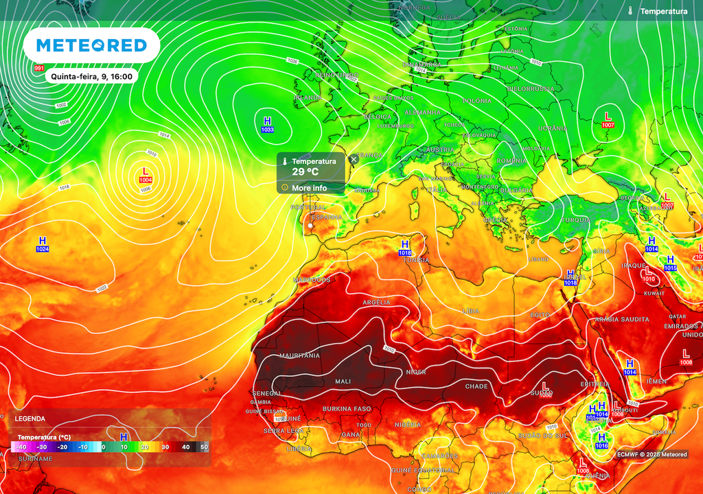 Prolongamento das temperaturas elevadas e "verão tardio" durante os próximos dias devido à crista anticiclónica firme sobre o Atlântico e a oeste da Europa. Prolongamento das temperaturas elevadas e "verão tardio" durante os próximos dias devido à crista anticiclónica firme sobre o Atlântico e a oeste da Europa.