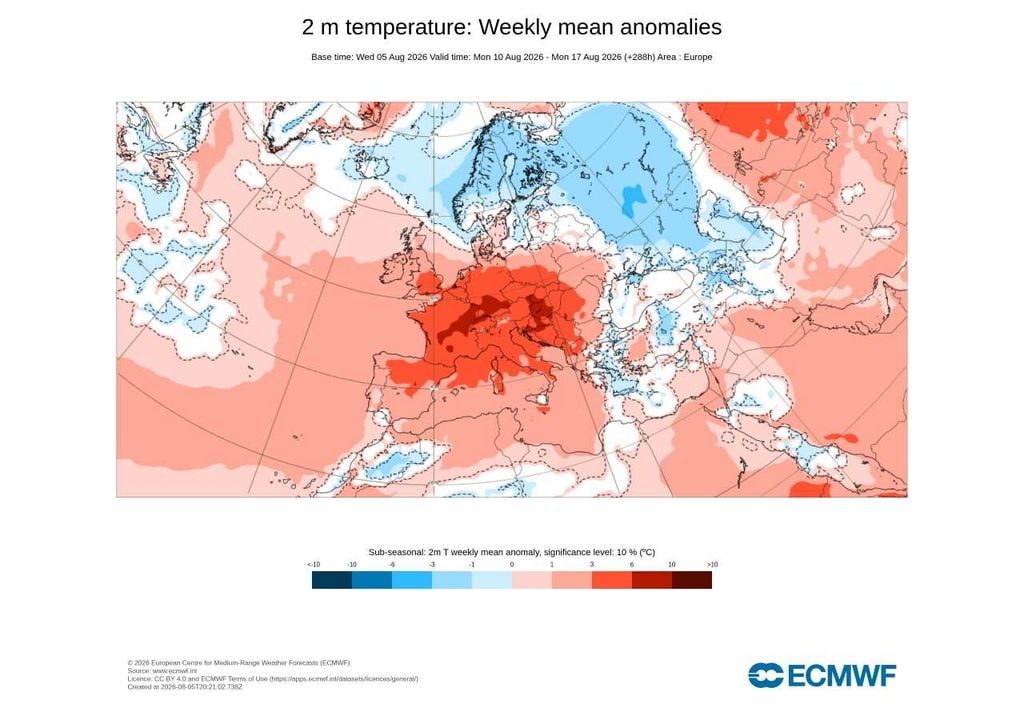 Anomalia da temperatura semanal Anomalia média semanal da temperatura prevista entre 10 e 17 de agosto. Portugal deverá registar temperaturas ligeiramente acima da média climatológica, mas com desvios menos significativos do que em grande parte da Europa Central.