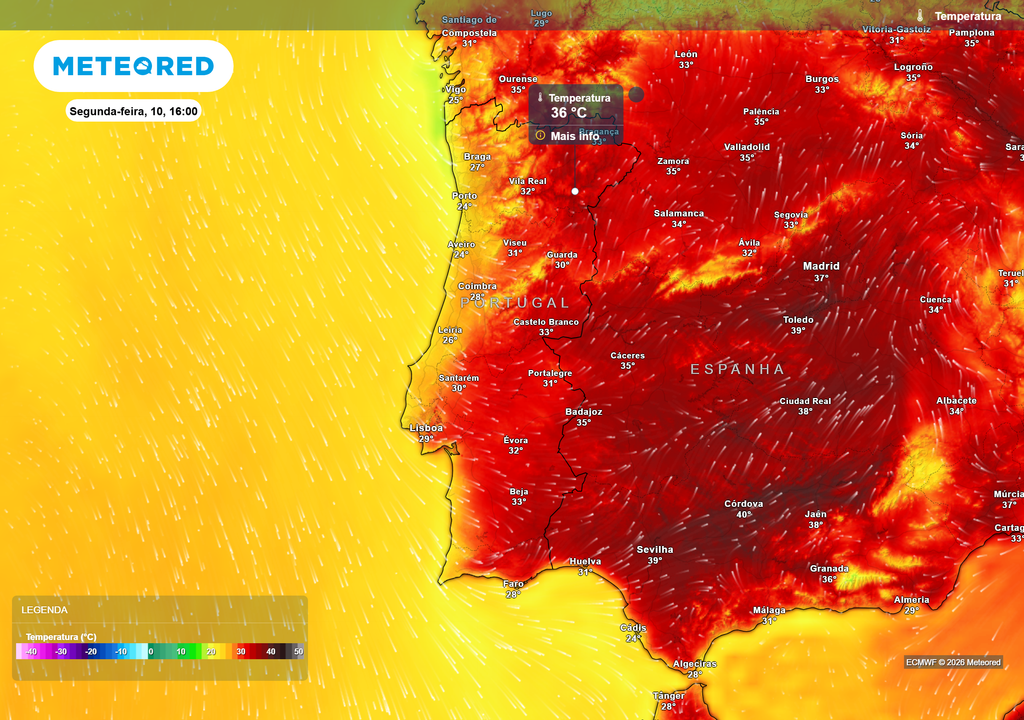 Temperatura Em Portugal, o Atlântico continua a limitar o aquecimento, contrastando com o calor intenso previsto para o interior da Península Ibérica.