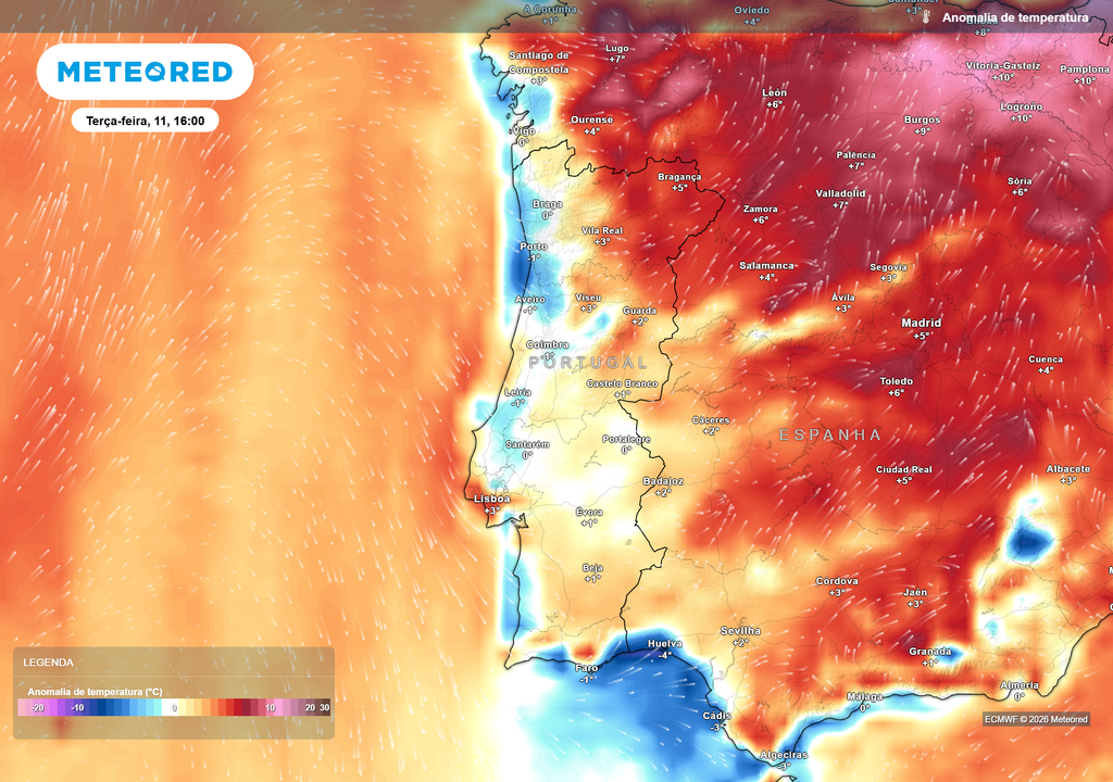 Anomalia da temperatura Na tarde de terça-feira, 11 de agosto, as anomalias positivas concentram-se sobretudo no interior Norte, enquanto grande parte do litoral apresenta temperaturas próximas dos valores normais para a época.