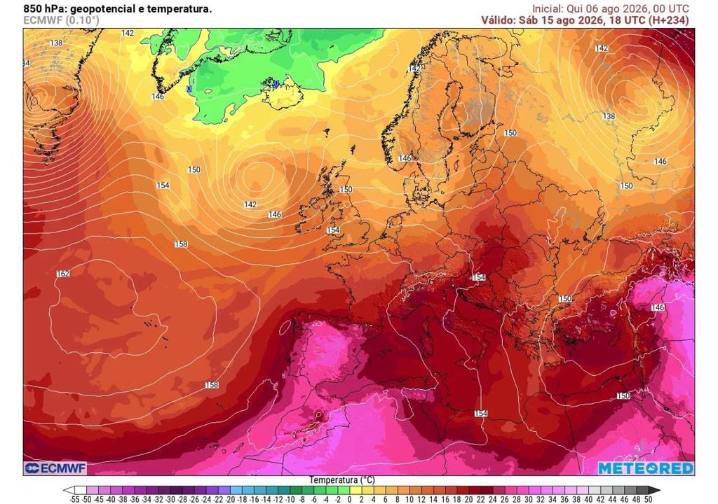 Geopotencial e temperatura a 850 hPa Na sexta-feira, 14 de agosto, a massa de ar quente proveniente do Norte de África deverá expandir-se sobre a Península Ibérica. O aumento da temperatura em altitude favorece um agravamento do calor à superfície nos dias seguintes.