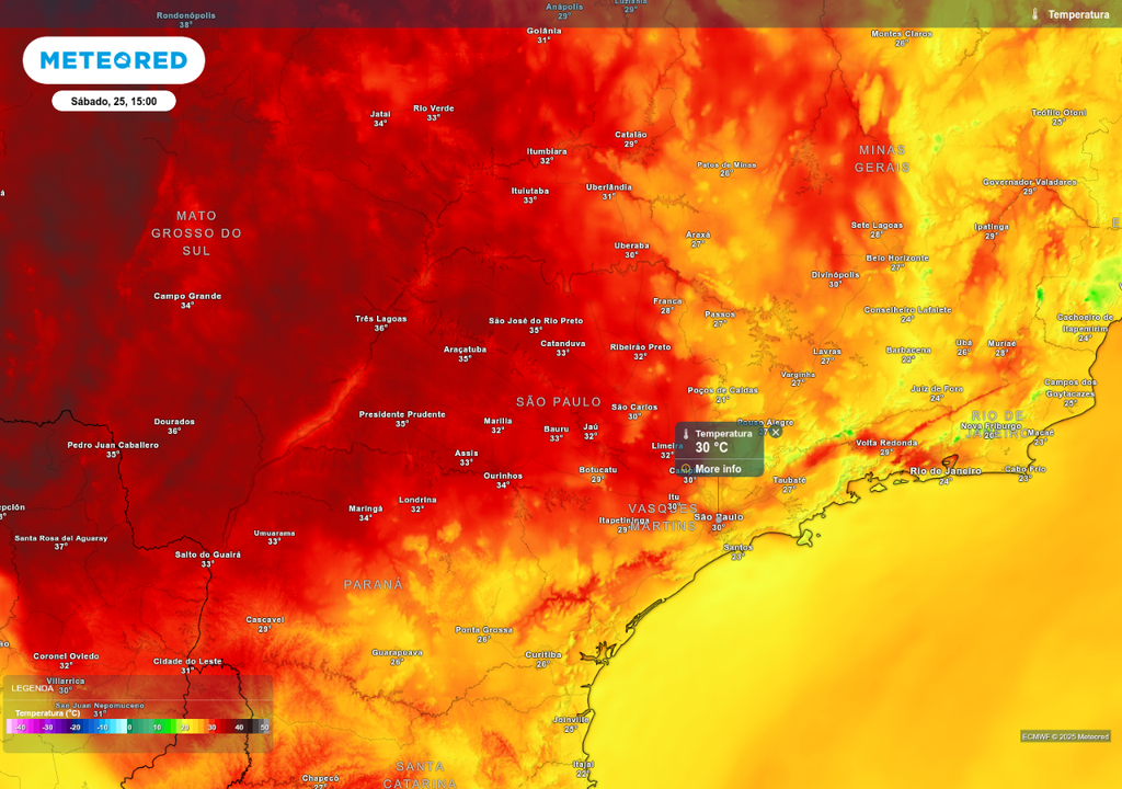 Previsão de temperatura máxima neste sábado (25), de acordo com o ECMWF.
