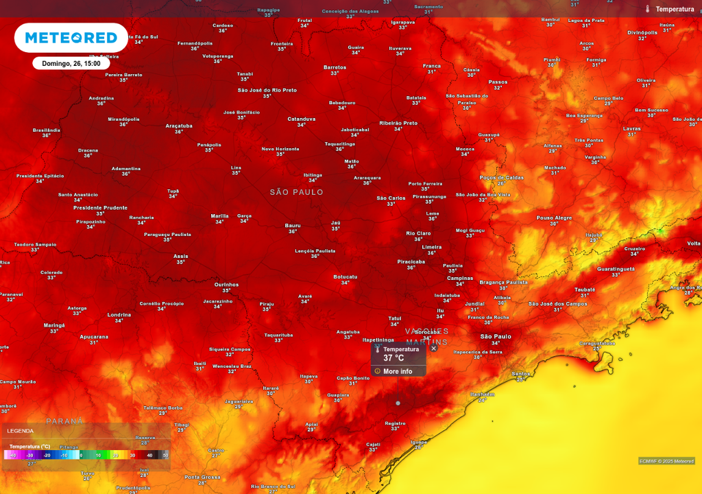 Previsão de temperatura máxima neste domingo (26), de acordo com o ECMWF.