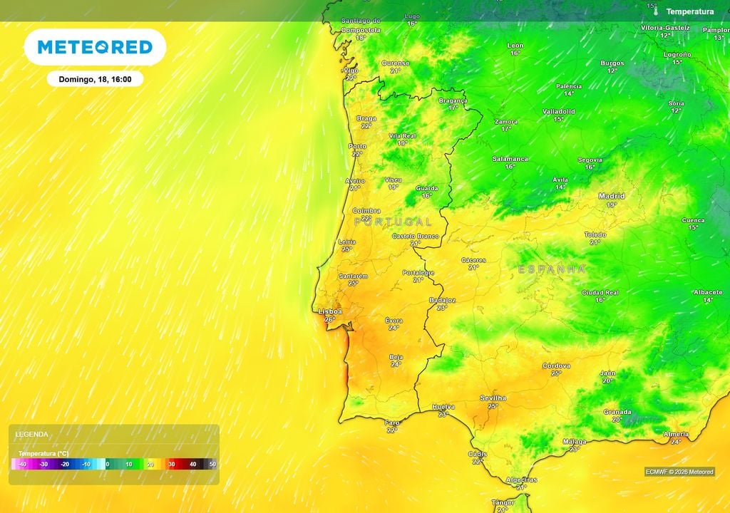 Previsão da temperatura para domingo, 18 de outubro, às 16:00. Fonte: Modelo ECMWF / Meteored