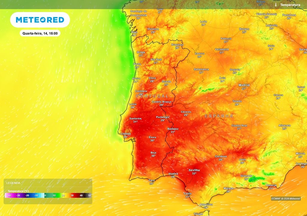 Temperatura O calor intensifica-se na quarta-feira, com várias regiões do Centro e Sul a atingirem ou ultrapassarem os 30 ºC, apesar de valores mais baixos junto ao litoral.