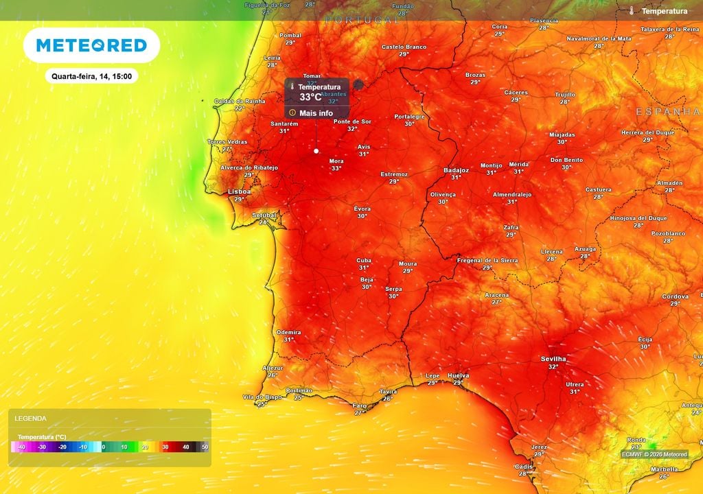 Temperatura Sul O Vale do Tejo e o interior alentejano estarão entre as regiões mais quentes, com vários locais entre 31 e 33 ºC, enquanto a influência marítima limita o calor junto à costa.