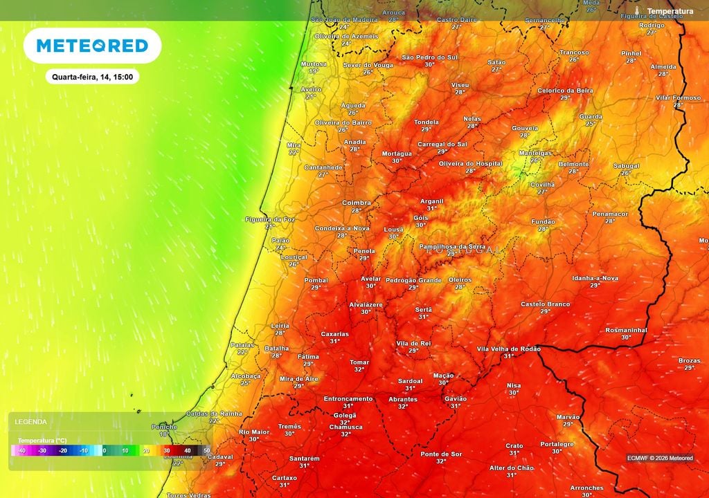 Temperaturas centro O Médio Tejo poderá registar temperaturas generalizadas próximas ou acima dos 30 ºC, em forte contraste com a faixa costeira e as áreas de maior altitude.
