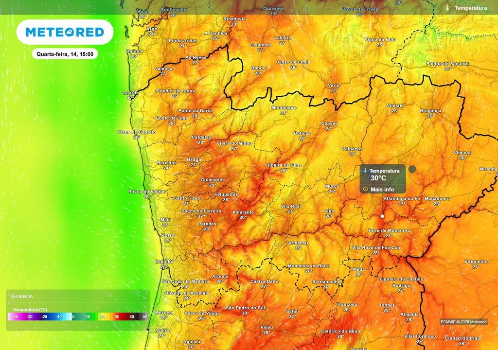 Temperaturas Norte Apesar de nenhuma capital de distrito do Norte atingir os 30 ºC na quarta-feira, alguns vales interiores, incluindo zonas do Douro e do Tâmega, poderão alcançar esta marca.