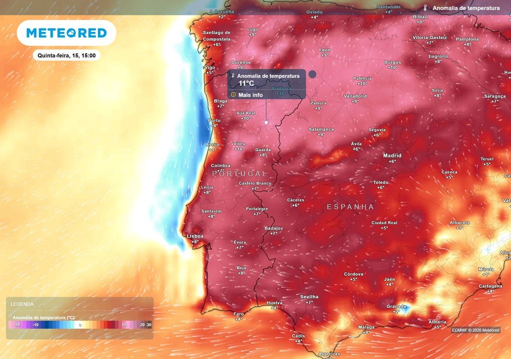 Anomalia da temperatura Mais do que os valores absolutos, impressiona o desvio face ao normal: no interior Norte e Centro, as temperaturas poderão ficar cerca de 10 ºC acima da média e, localmente, a anomalia poderá chegar aos 11 ºC.