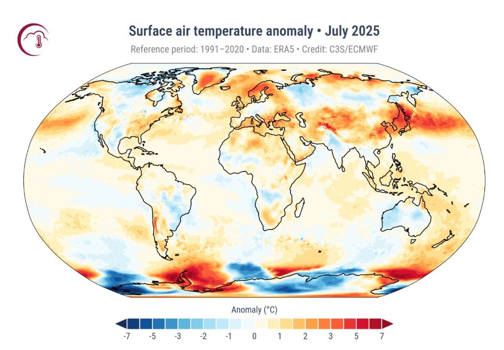 Anomalias globais de temperatura em julho de 2025, em relação ao período de referência de 1991-2020. Créditos: C3S/ECMWF.