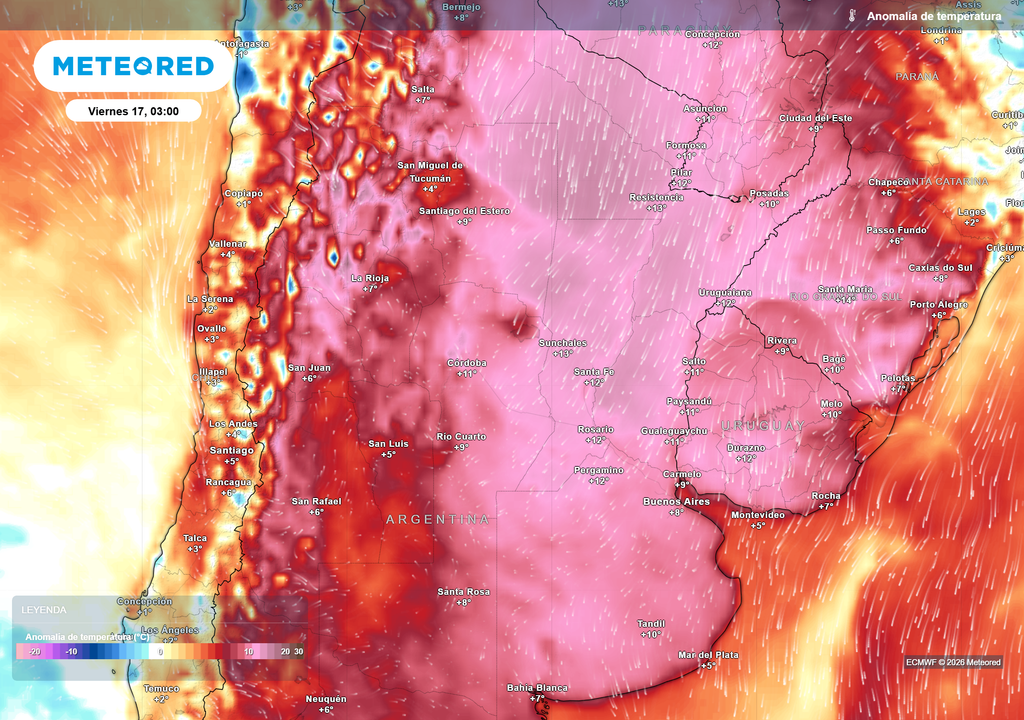 Pronóstico, Clima, Tiempo, Argentina, ECMWF, Temperaturas, Calor, Ascenso Térmico, Viento Norte, Tormentas, Frente Frío, Lluvias, Anomalía, Invierno, Meteorología Anomalía de temperatura prevista para el próximo viernes según el modelo ECMWF