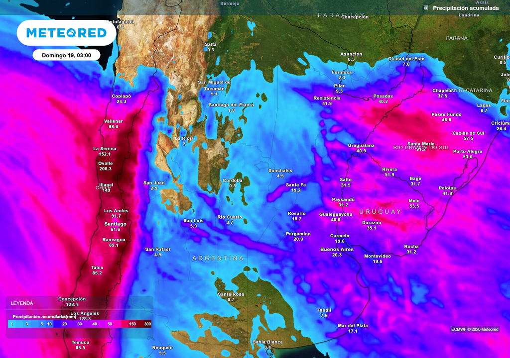 Pronóstico, Clima, Tiempo, Argentina, ECMWF, Temperaturas, Calor, Ascenso Térmico, Viento Norte, Tormentas, Frente Frío, Lluvias, Anomalía, Invierno, Meteorología Acumulados de lluvia previstos hasta el próximo domingo según nuestro modelo de referencia ECMWF