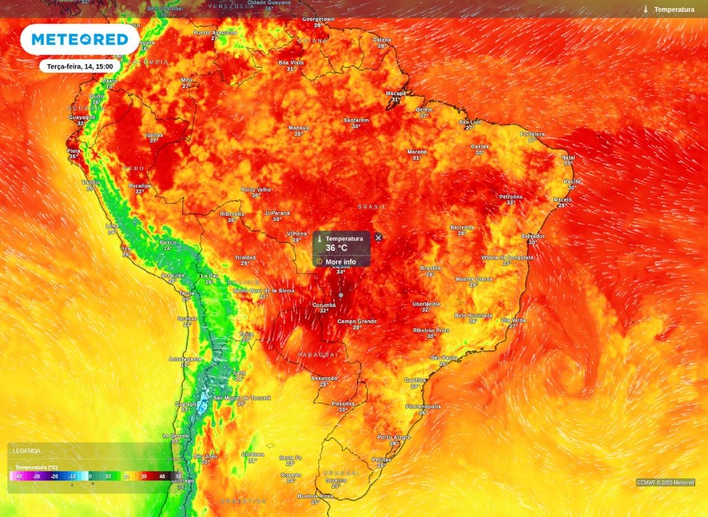 Temperatura máxima prevista para o Brasil nesta terça (14), segundo o modelo ECMWF. Temperatura máxima prevista para o Brasil nesta terça (14), segundo o modelo ECMWF.