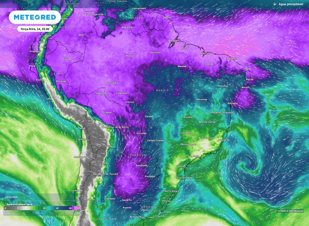 Água precipitável prevista para o Brasil nesta terça (14), segundo o modelo ECMWF. Água precipitável prevista para o Brasil nesta terça (14), mostra a ZCIT influenciando o litoral Norte do Nordeste e o Norte do Brasil.
