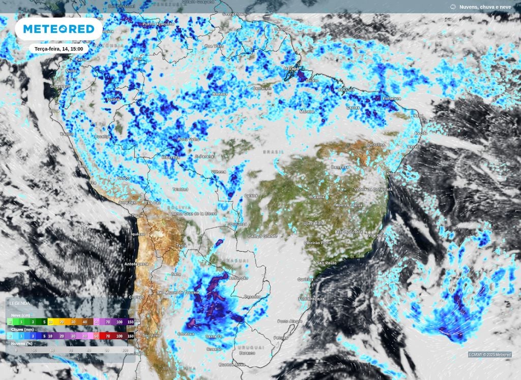 Chuva prevista para o Brasil nesta terça (14), segundo o modelo ECMWF. Chuva prevista para o Brasil nesta terça (14), segundo o modelo ECMWF.