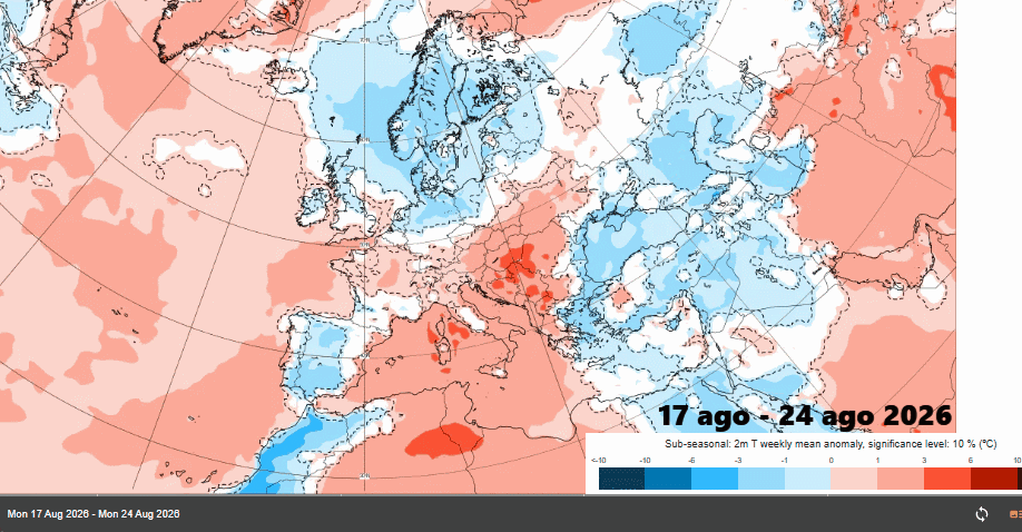 Anomalías semanales de temperatura a 2 m para las semanas 17-23 y 24-30 de agosto de 2026: cálidas en escala de rojos y frías en escala de azules. Nótese las anomalías frías (zonas en azul) que ganan en extensión durante las dos próximas semanas, con la Península entre ellas. Fuente: ECMWF