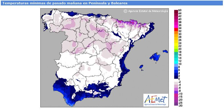 Temperaturas mínimas previstas para el 29 de diciembre. Gran parte de la Península estará bajo los 0ºC.