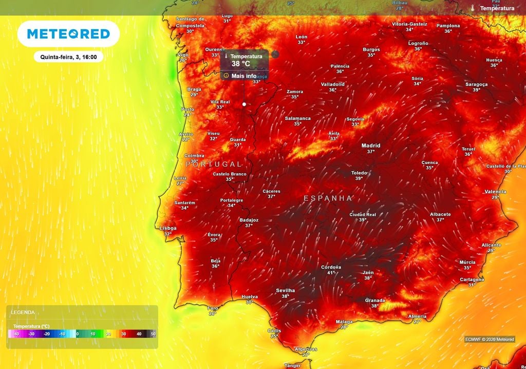 temperatura do ar à superfície Os termómetros poderão voltar a aproximar-se dos 40 ºC já na próxima quinta-feira, dia 3 de setembro.