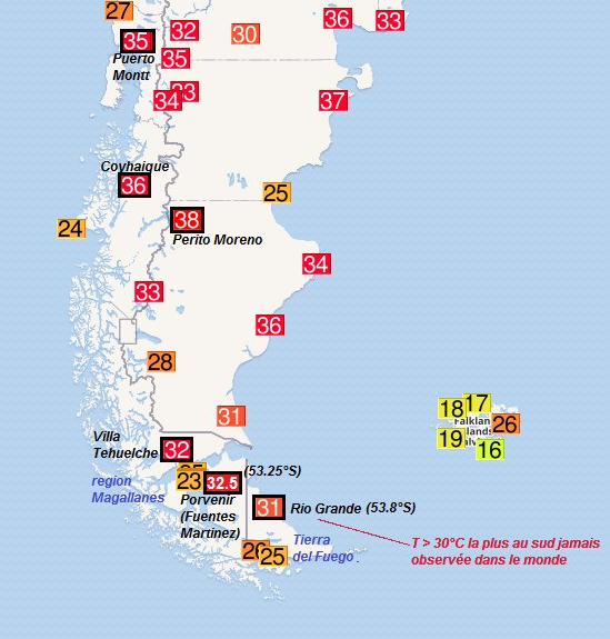 Temperaturas máximas del 4 de febrero de 2019 en Argentina y Chile Temperaturas máximas del 4 de febrero de 2019 en Argentina y Chile