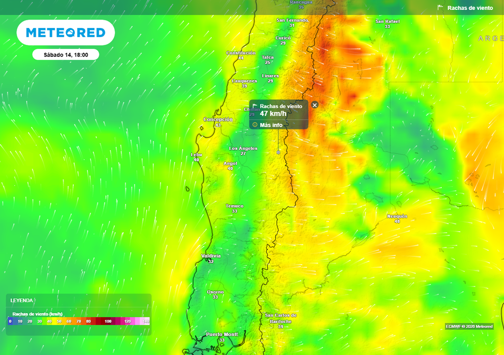 Rachas de viento (km/h) para la tarde del sábado 14 de febrero 2026 en Chile centro sur.