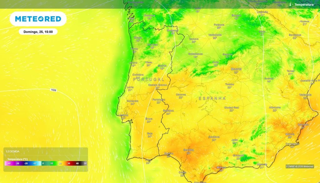 Domingo antecipa temperaturas amenas em várias regiões Previsão do ECMWF para a tarde de domingo, com temperaturas próximas de 23 °C em Lisboa e Évora e 24 °C em Beja.