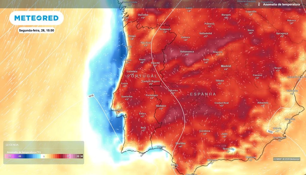 Interior poderá registar anomalias positivas até 6 °C Anomalias de temperatura previstas pelo ECMWF para segunda-feira, com desvios positivos mais expressivos no interior e em várias regiões do Sul.