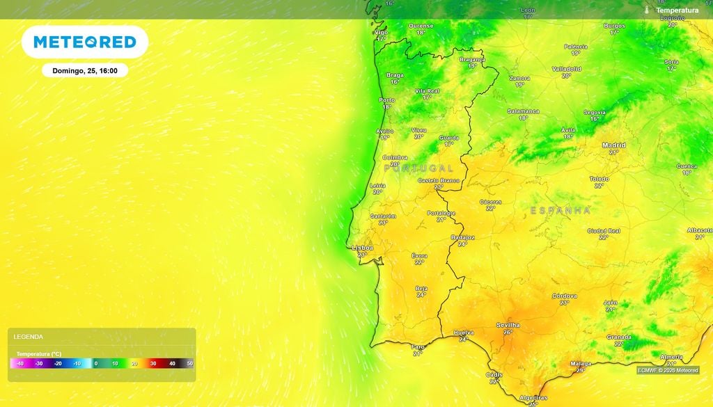 Previsão da temperatura do ar à superfície para domingo, 25 de outubro, às 16:00 Previsão da temperatura do ar à superfície para domingo, 25 de outubro, às 16:00. Fonte: Modelo ECMWF / Meteored