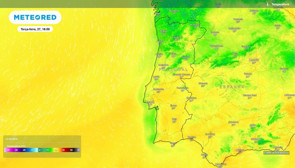 Previsão da temperatura do ar à superfície para terça-feira, 27 de outubro, às 16:00 Previsão da temperatura do ar à superfície para terça-feira, 27 de outubro, às 16:00. Fonte: Modelo ECMWF / Meteored