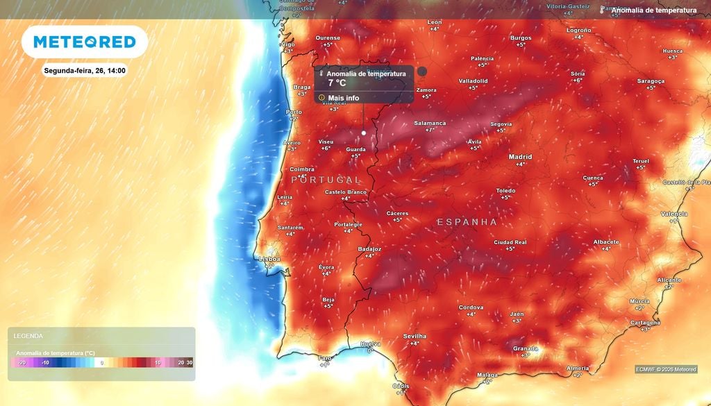 anomalia térmica A tarde de segunda-feira registará valores anómalos em boa parte do continente, onde as temperaturas podem ser de até 7 ºC acima da média.