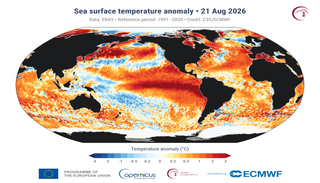 El 21 de agosto de 2026, las temperaturas superficiales globales del mar alcanzaron un nuevo r&eacute;cord mundial de 21.10&deg;C