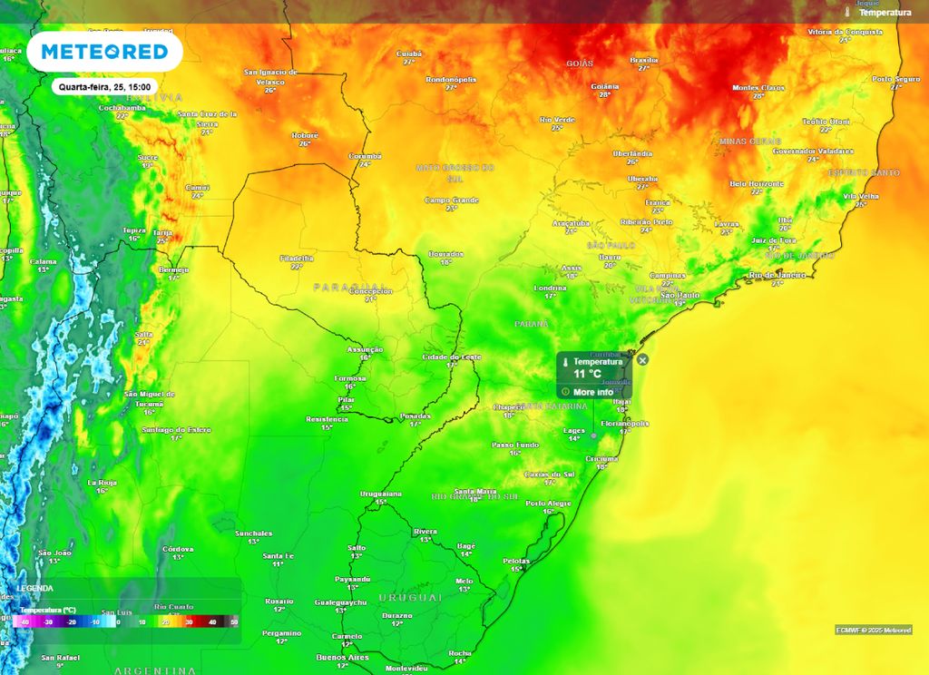 Temperatura máxima prevista para o centro-sul do Brasil na tarde de quarta-feira (25), segundo o modelo ECMWF..
