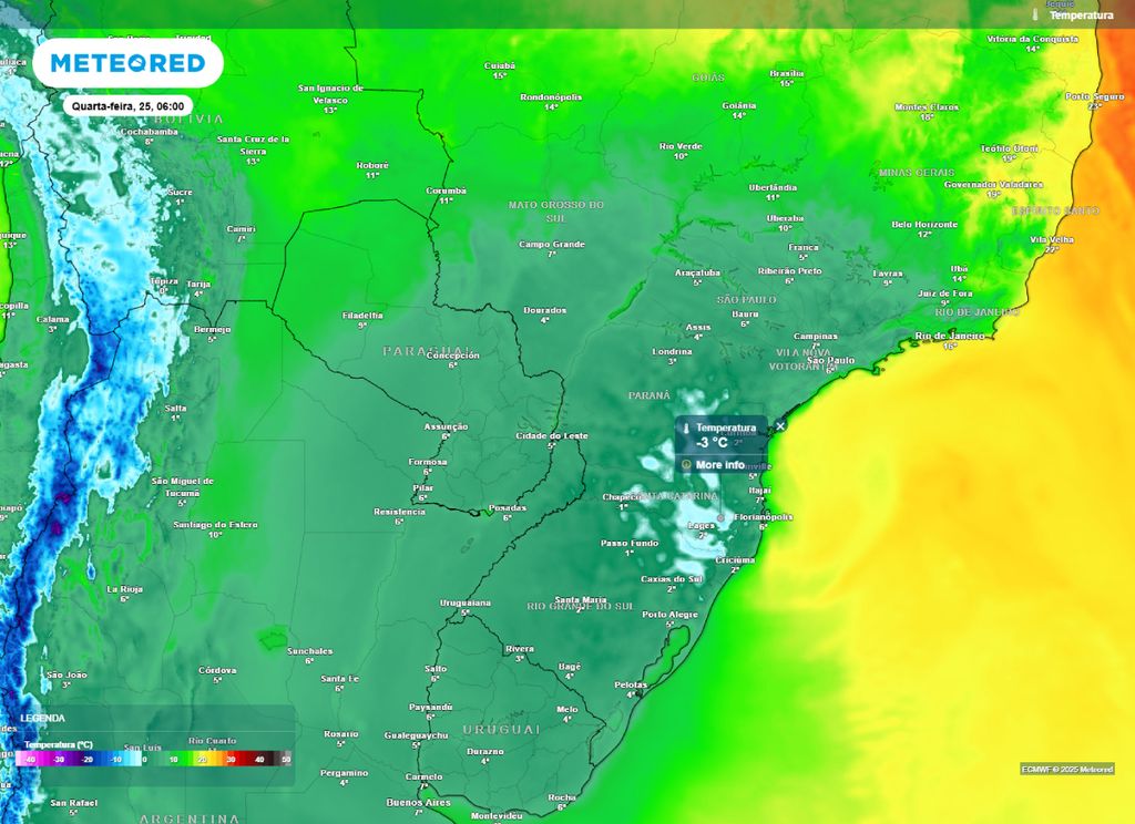 Temperatura mínima prevista para o centro-sul do Brasil na manhã de quarta-feira (25).
