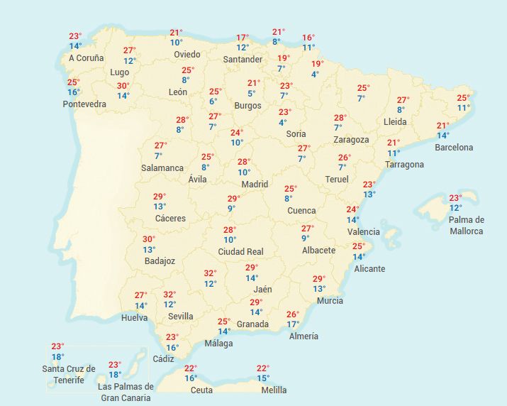 Temperaturas previstas para hoy. Máximas estivales en el interior peninsular.